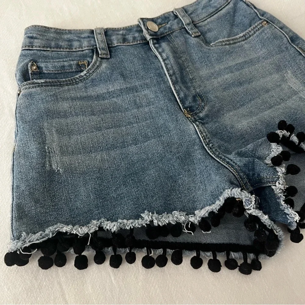 STREETWEAR SOCIETY Boho Pom Pom Mom Jean High Waisted Denim Shorts
